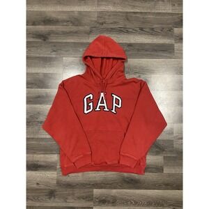 Vintage GAP Sweatshirt Size Large Red Fleece Logo Pullover Drawstring Hoodie